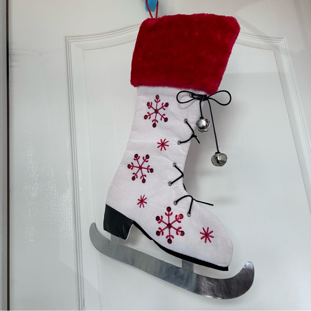NWT ice skate Christmas stocking with embroidered snowflakes